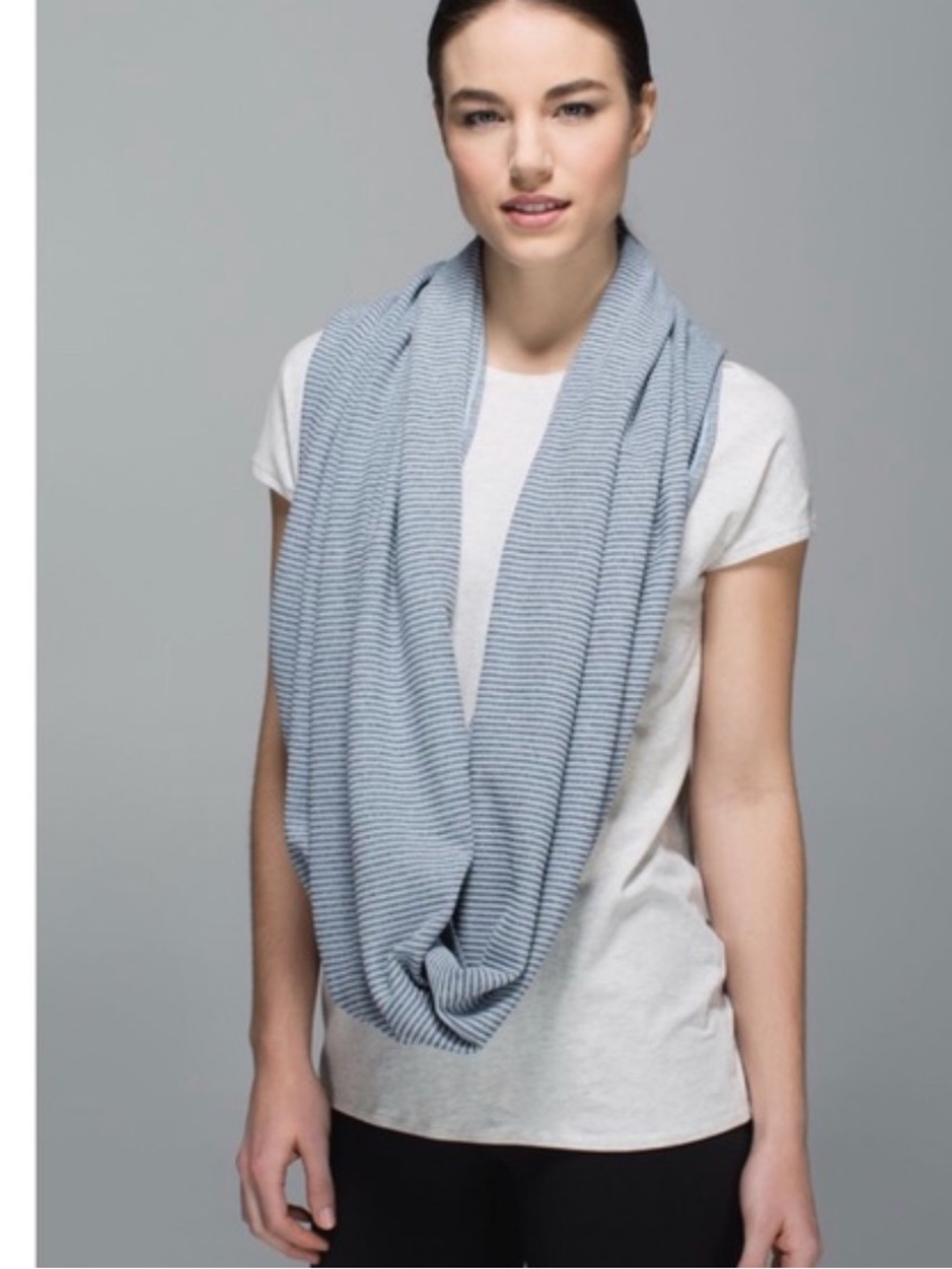Lululemon Women's Striped Infinity Scarf in Light Blue and Gray button snap